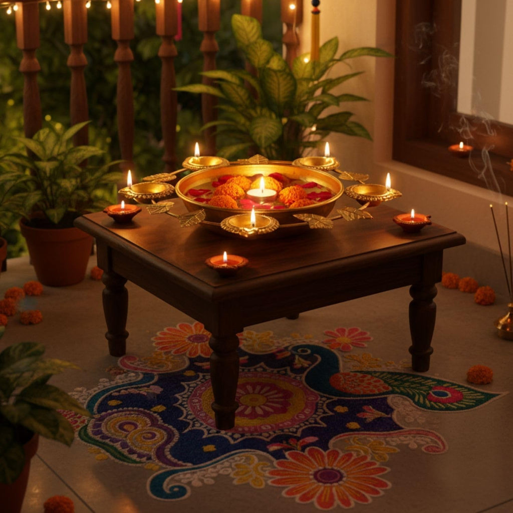 Go Hooked decorative gold metal urli bowl with 5 tealight holders, filled with water, flowers, and floating candles.