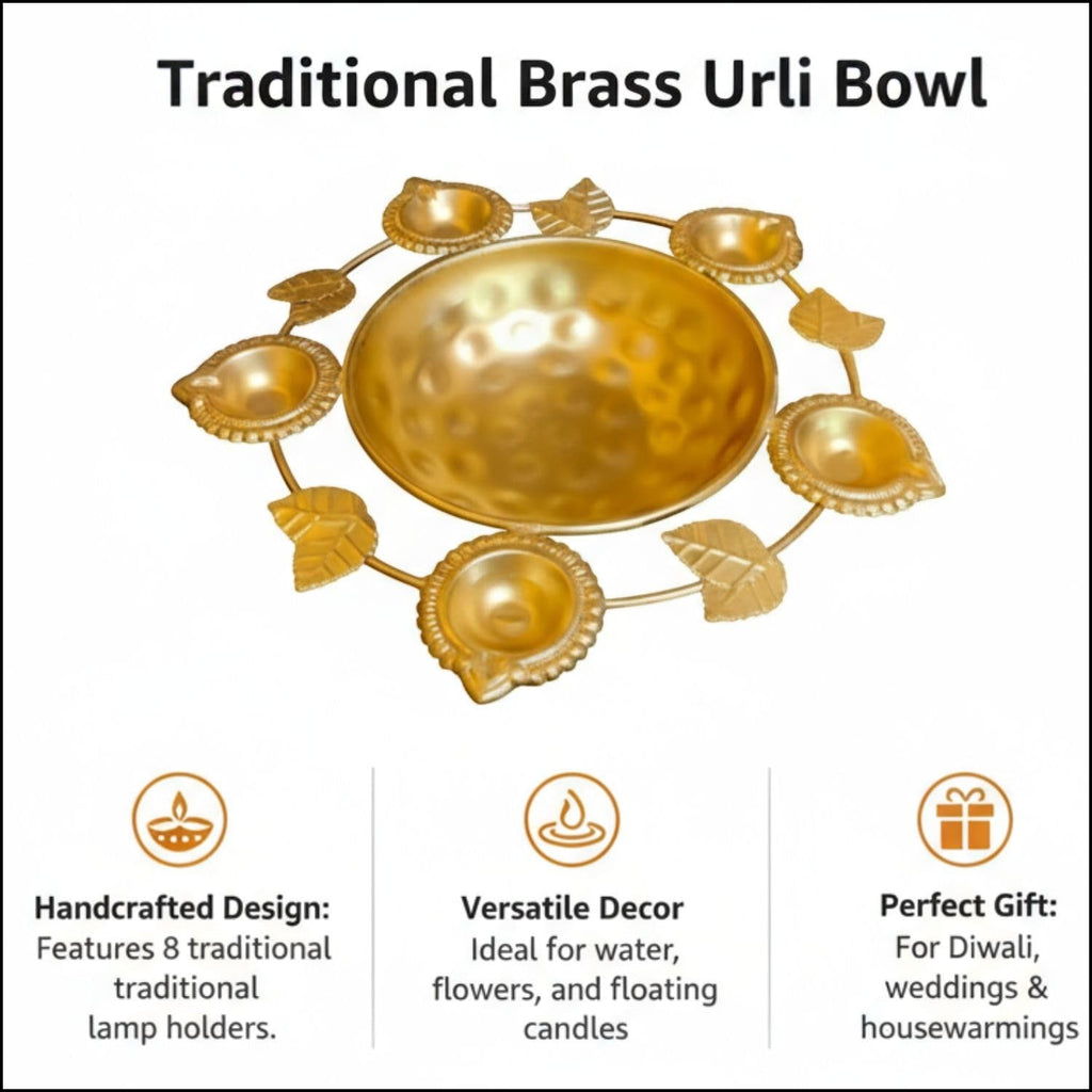 Go Hooked traditional gold metal urli bowl with 8 tealight holders and leaf accents. Ideal for Diwali decor.