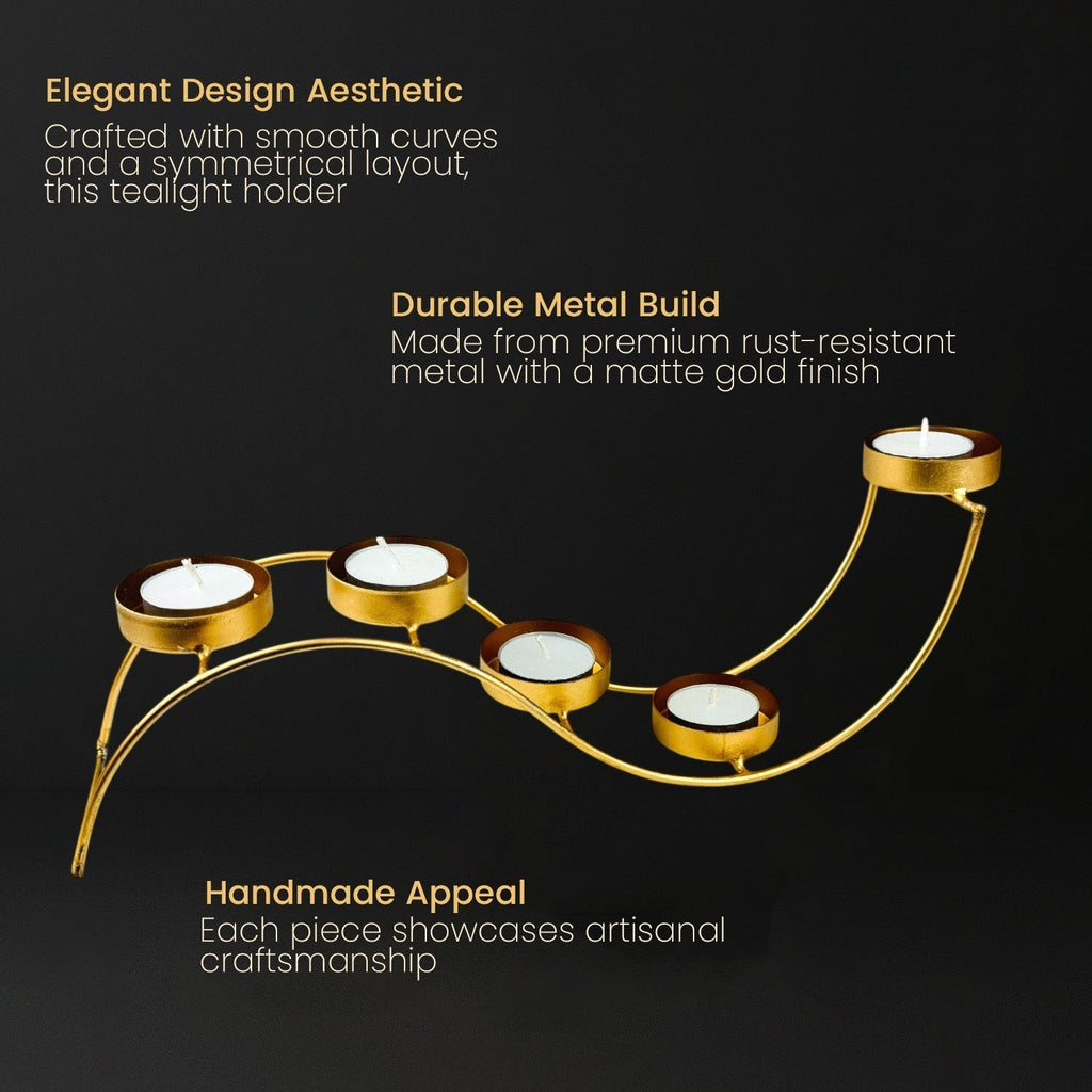 GoHooked gold metal wave tealight candle holder with 5 trays, handcrafted for decorative table display.