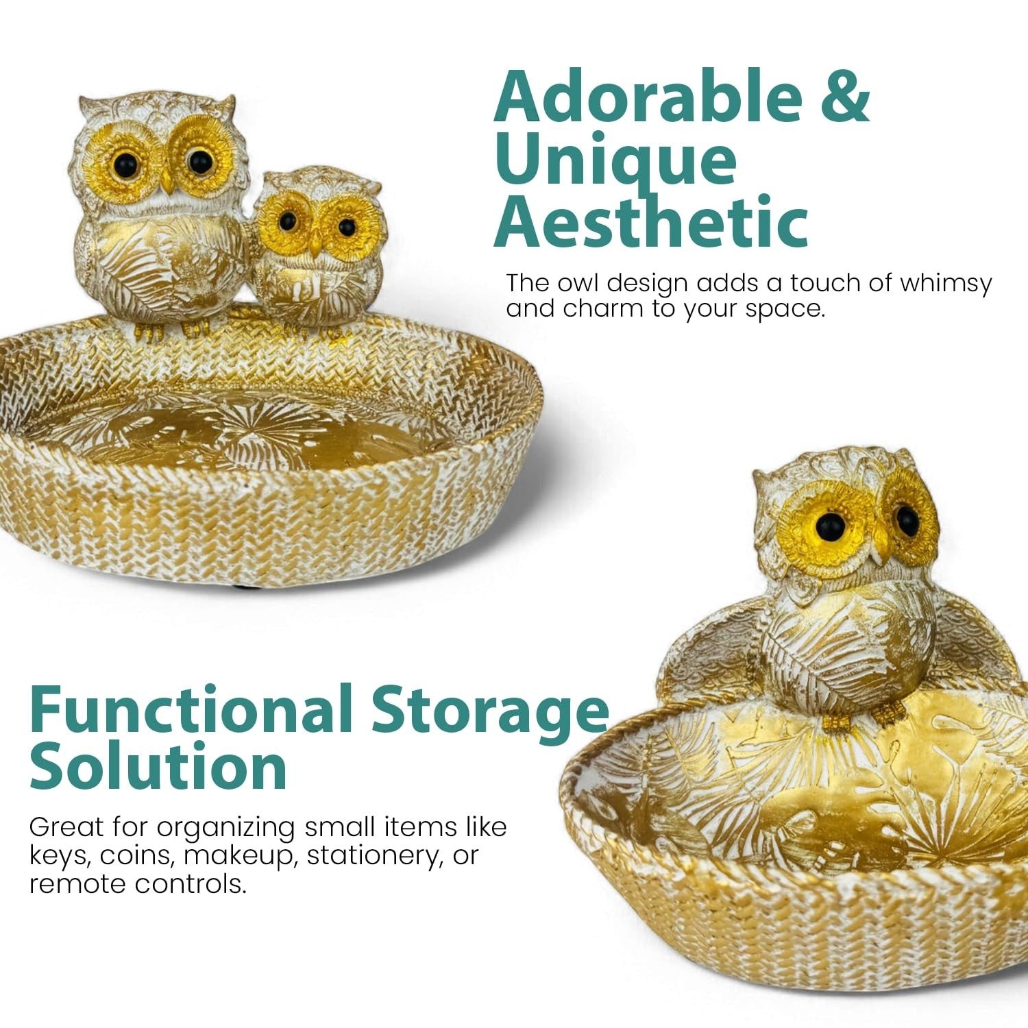 GoHooked gold polyresin owl basket with intricate leaf patterns, perfect for tabletop decor and small item organization.