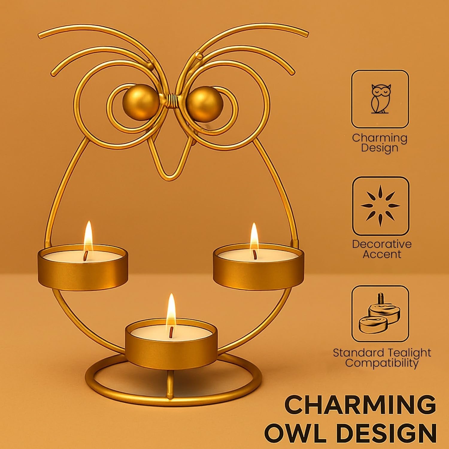 GoHooked gold iron owl tealight candle holder with 3 trays, decorative table dÃ©cor and home accent.