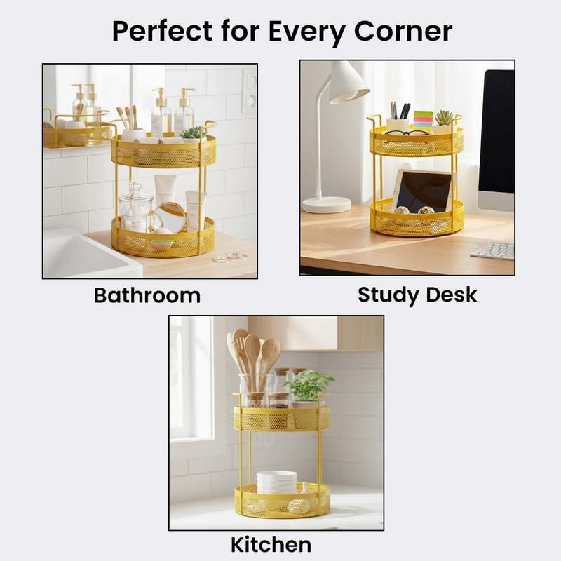 GoHooked golden 2-tier metal mesh countertop storage basket with handles, perfect for bathroom, kitchen, or desk.
