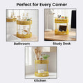 GoHooked golden 2-tier metal mesh countertop storage basket with handles, perfect for bathroom, kitchen, or desk.