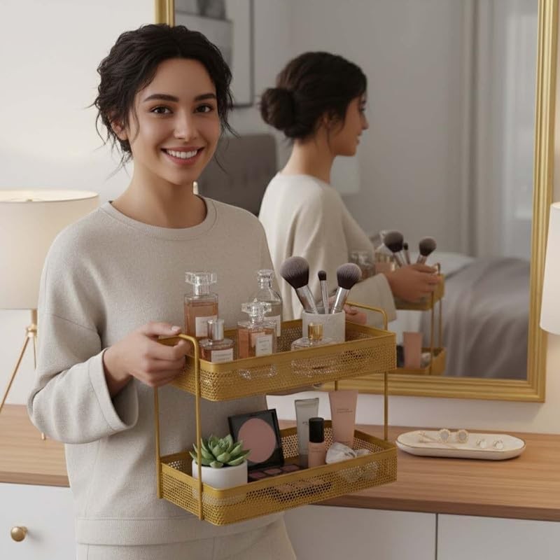 GoHooked golden 2-tier metal standing rack organizer holding perfumes, makeup brushes, skincare, and a small plant.