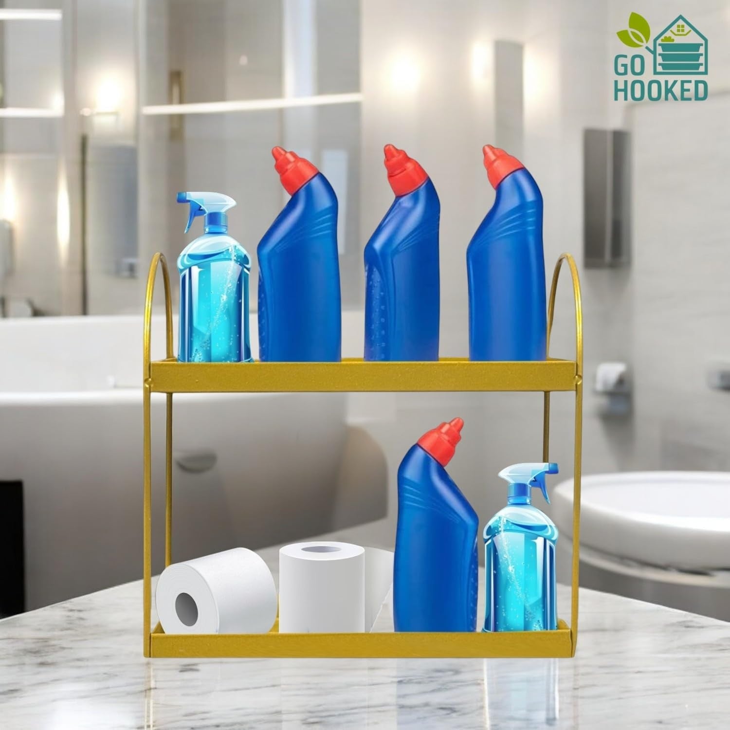 GoHooked Golden 2-tier metal standing rack holding cleaning supplies and toilet paper rolls.