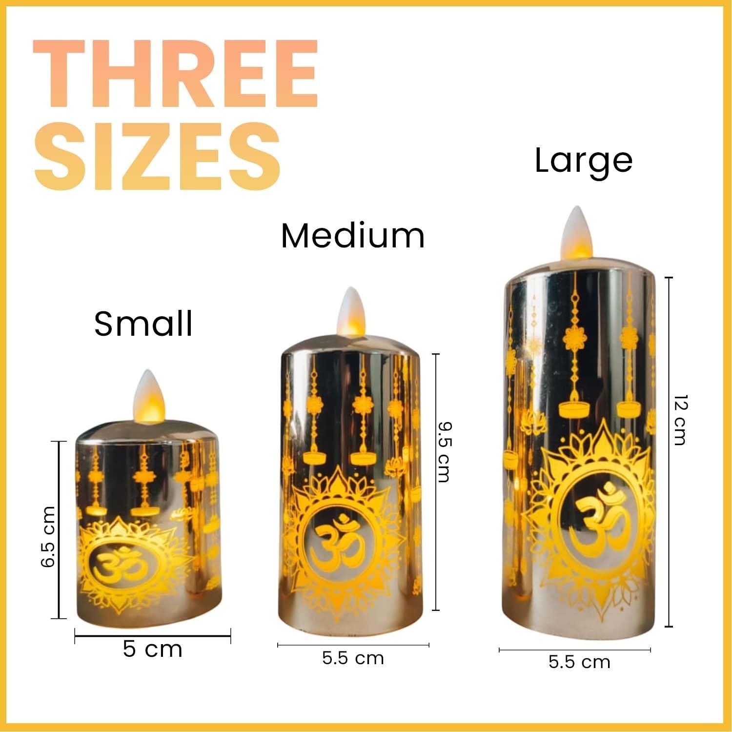GoHooked golden acrylic LED flameless candles with Om design, set of 3 sizes for home and pooja room decor.