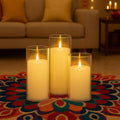 GoHooked set of 3 golden acrylic LED tea light candles with realistic flickering flame effect, battery operated.