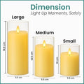 Go Hooked set of 3 golden acrylic LED tea light candles with realistic flickering flames, in large, medium, and small sizes.