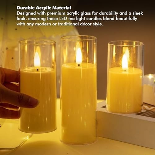 GoHooked set of 3 golden acrylic LED tea light candles with realistic flickering flame effect.
