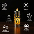 Go Hooked golden acrylic LED flameless candle with Om design, flickering light, safe & reusable for home decor.