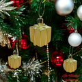 Go Hooked golden gift box Christmas ornaments with glitter accents, pack of 6.