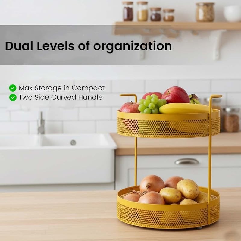 GoHooked golden metal 2-tier round basket with perforated sides, holding fruits and vegetables on a kitchen counter.