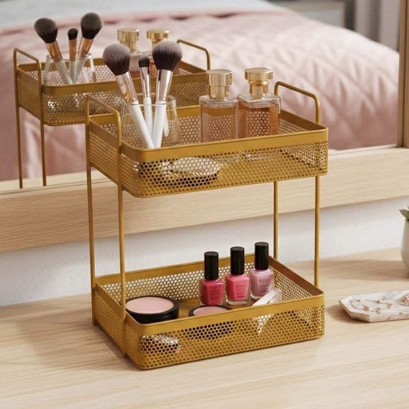 GoHooked golden metal 2-tier standing rack organizer with makeup brushes, perfume bottles, and nail polish.