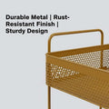 GoHooked golden metal 2-tier standing rack organizer with perforated sides and handles. Ideal for countertop, bathroom, or vanity storage.