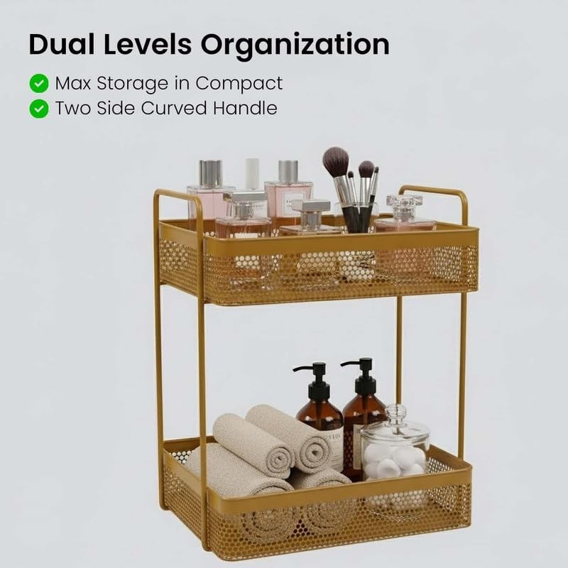 GoHooked golden metal 2-tier standing rack organizer with perfumes, makeup brushes, rolled towels, and soap dispensers.