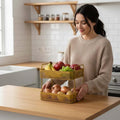 GoHooked golden metal 2-tier standing rack organizer filled with fruits and vegetables on a kitchen counter.