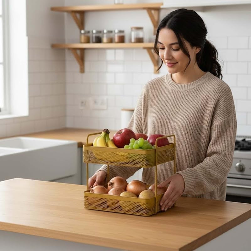 GoHooked golden metal 2-tier standing rack organizer filled with fruits and vegetables on a kitchen counter.