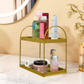 GoHooked golden metal 2-tier standing rack organizer with skincare products and towels on a marble countertop.