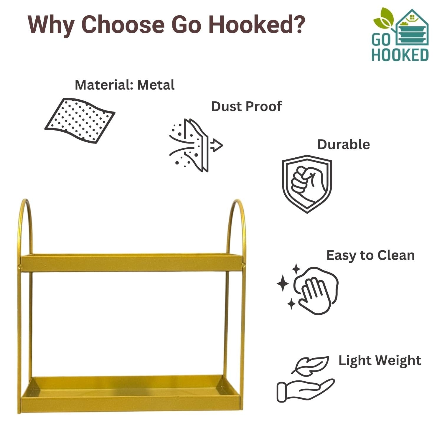 GoHooked golden metal 2-tier standing rack for bathroom countertop organizer, vanity tray, cosmetic storage, or spice rack.