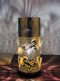Go Hooked golden metal bedside table lamp with butterfly cutouts and off-white shade, 9.8 inches.