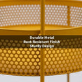 Go Hooked golden metal 2-tier round storage basket with perforated sides and sturdy design.
