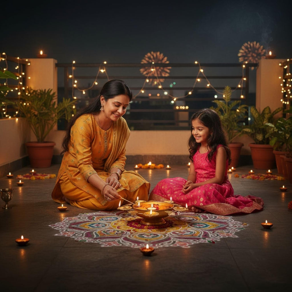 Go Hooked golden metal urli bowl with 5 tealight holders, used for Diwali decoration with floating flowers and candles.