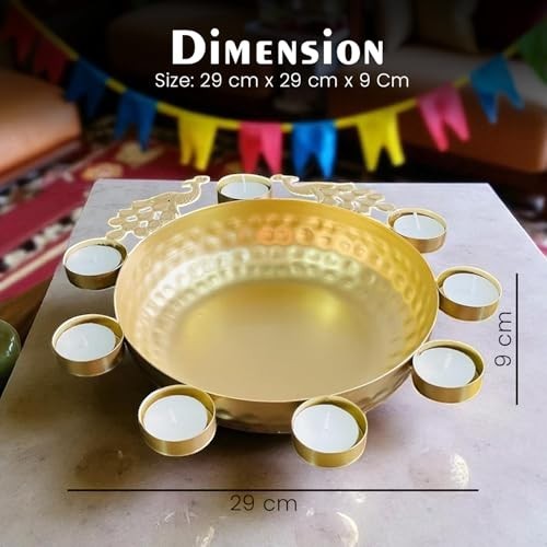 GoHooked golden hammered metal urli bowl with peacock accents and 8 tealight holders, 29 cm diameter.