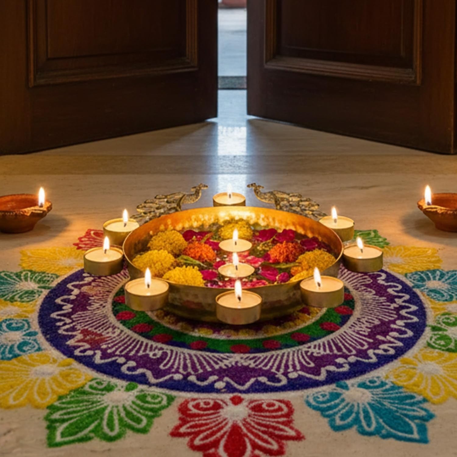 GoHooked golden peacock urli bowl with 8 tealight holders, filled with water, flowers, and petals. Festive decor.