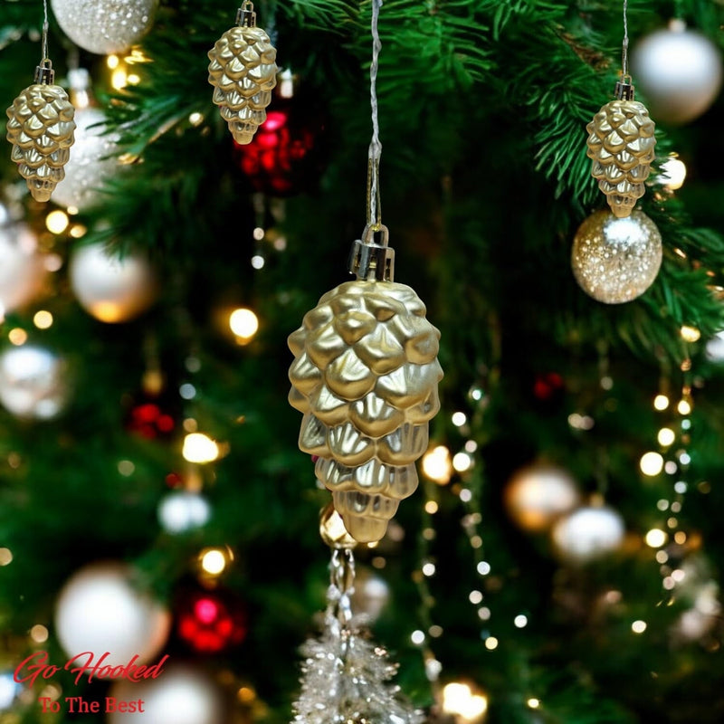 GoHooked golden pine cone Christmas ornaments with glitter accents, pack of 6.