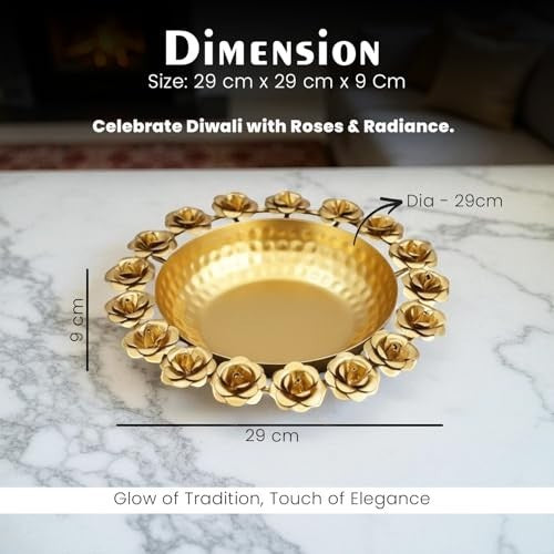 GoHooked handcrafted golden metal urli bowl with rose border, 29 cm diameter, perfect for Diwali decor.