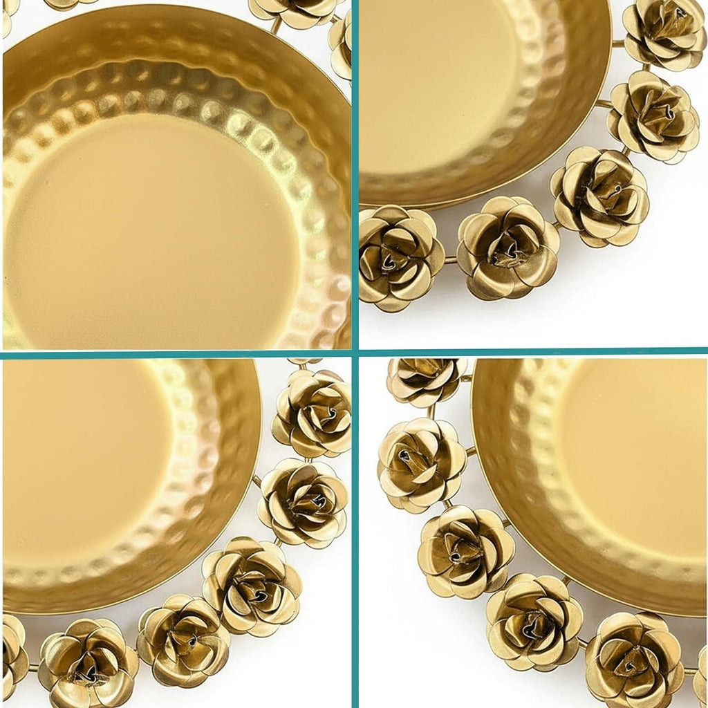 GoHooked handcrafted golden metal urli bowl with hammered finish and rose border, 29 cm centerpiece for Diwali and home decor.