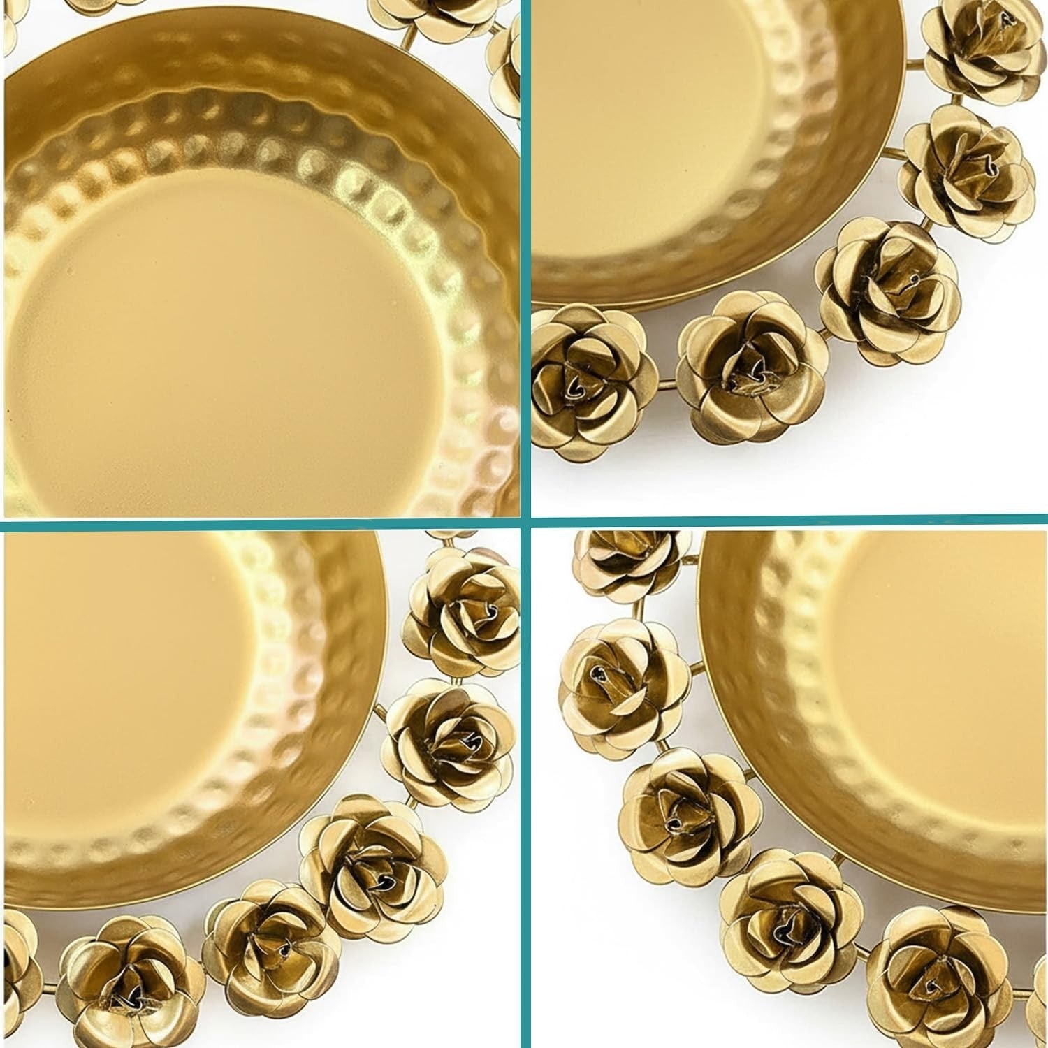 GoHooked handcrafted golden metal urli bowl with hammered finish and rose border, 29 cm centerpiece for Diwali and home decor.