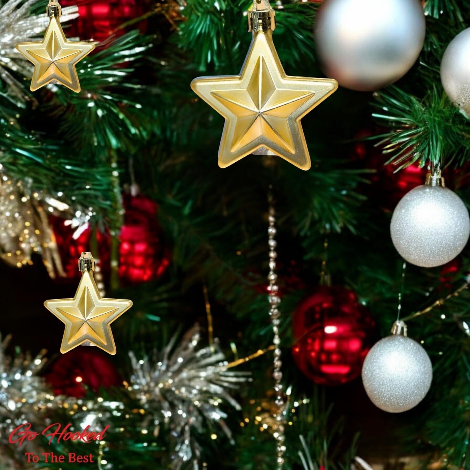 GoHooked golden star Christmas ornaments, 3-inch, glitter design, pack of 6. Festive home decor for trees, walls, and doors.