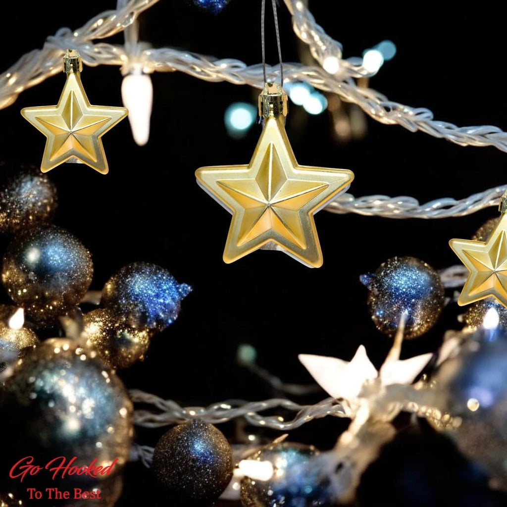 GoHooked golden star Christmas ornaments with glitter accents, part of a festive decor set.