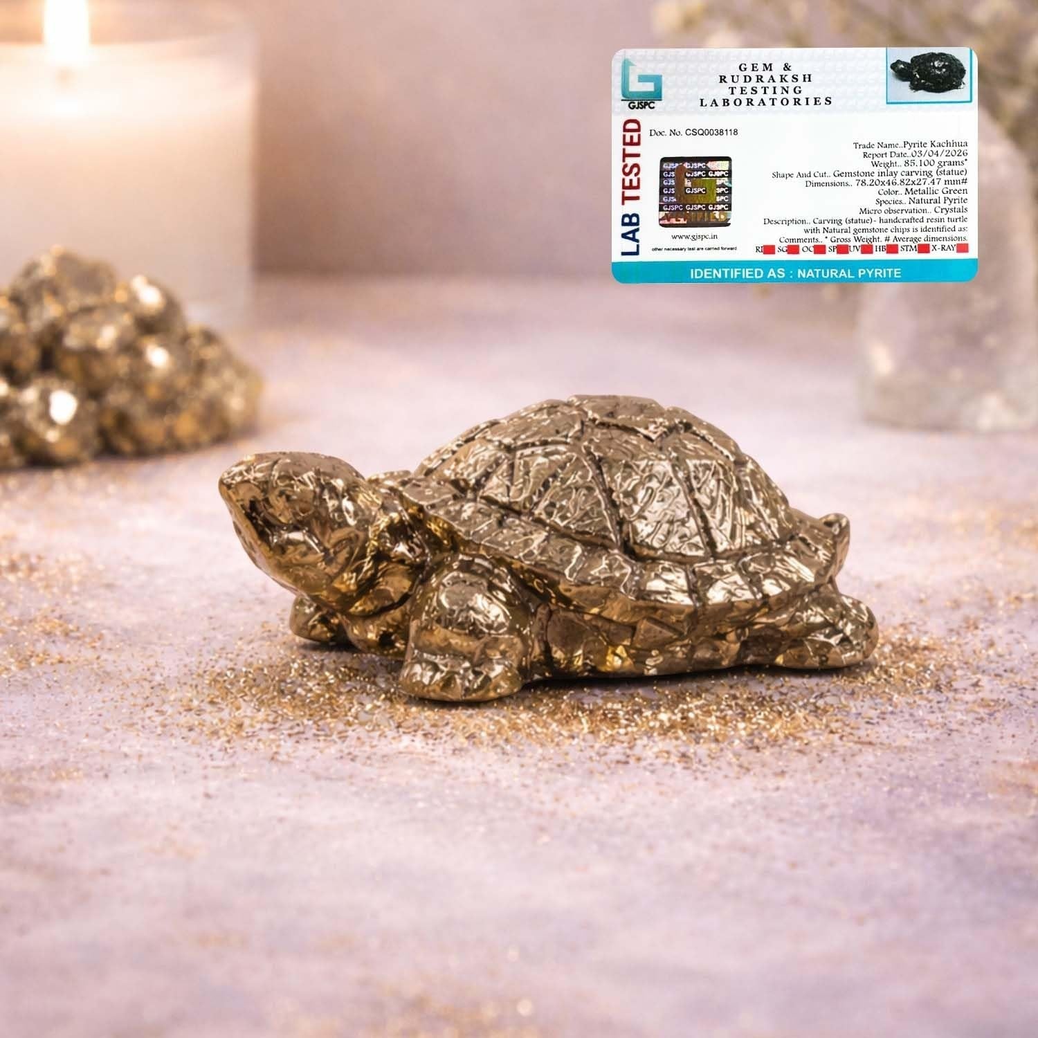 GoHooked golden tortoise figurine made of natural crystal stone. Ideal for Vastu and Feng Shui decor.