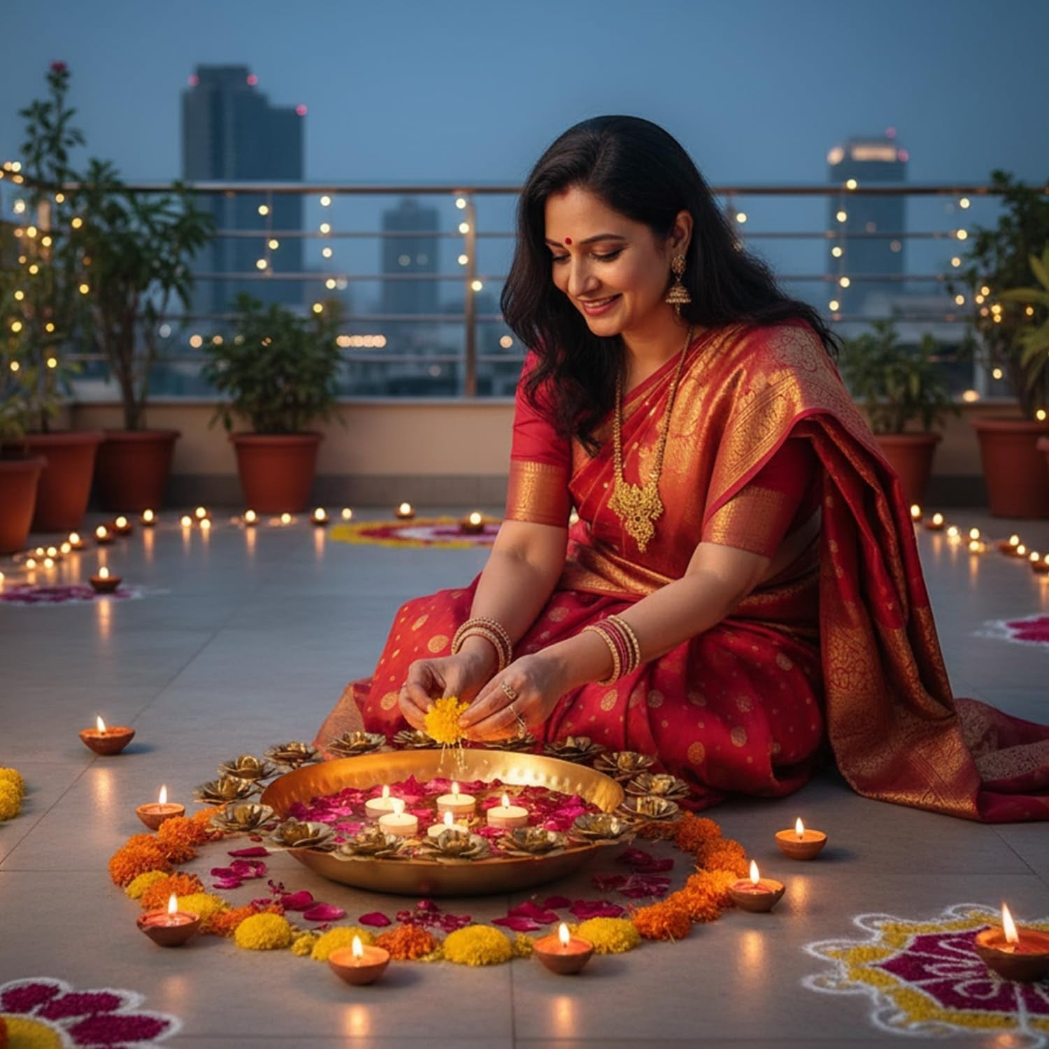 GoHooked handcrafted golden metal urli bowl with floral border, filled with water, rose petals, and floating candles. Woman in red sari decorates for Diwali.