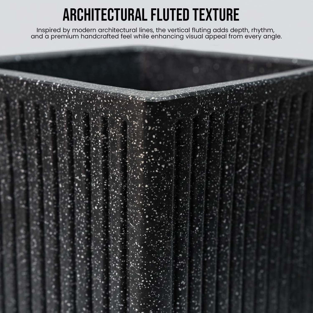 GoHooked Grak Pot, a tall square grey polymer planter with a granite-textured ribbed design, 10x16 inches.