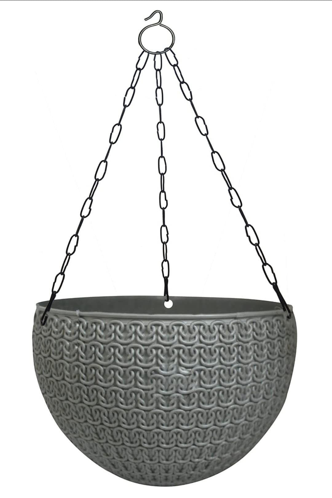 GoHooked gray plastic Oslo hanging pot with metal chain, woven texture, 7.5 inch diameter