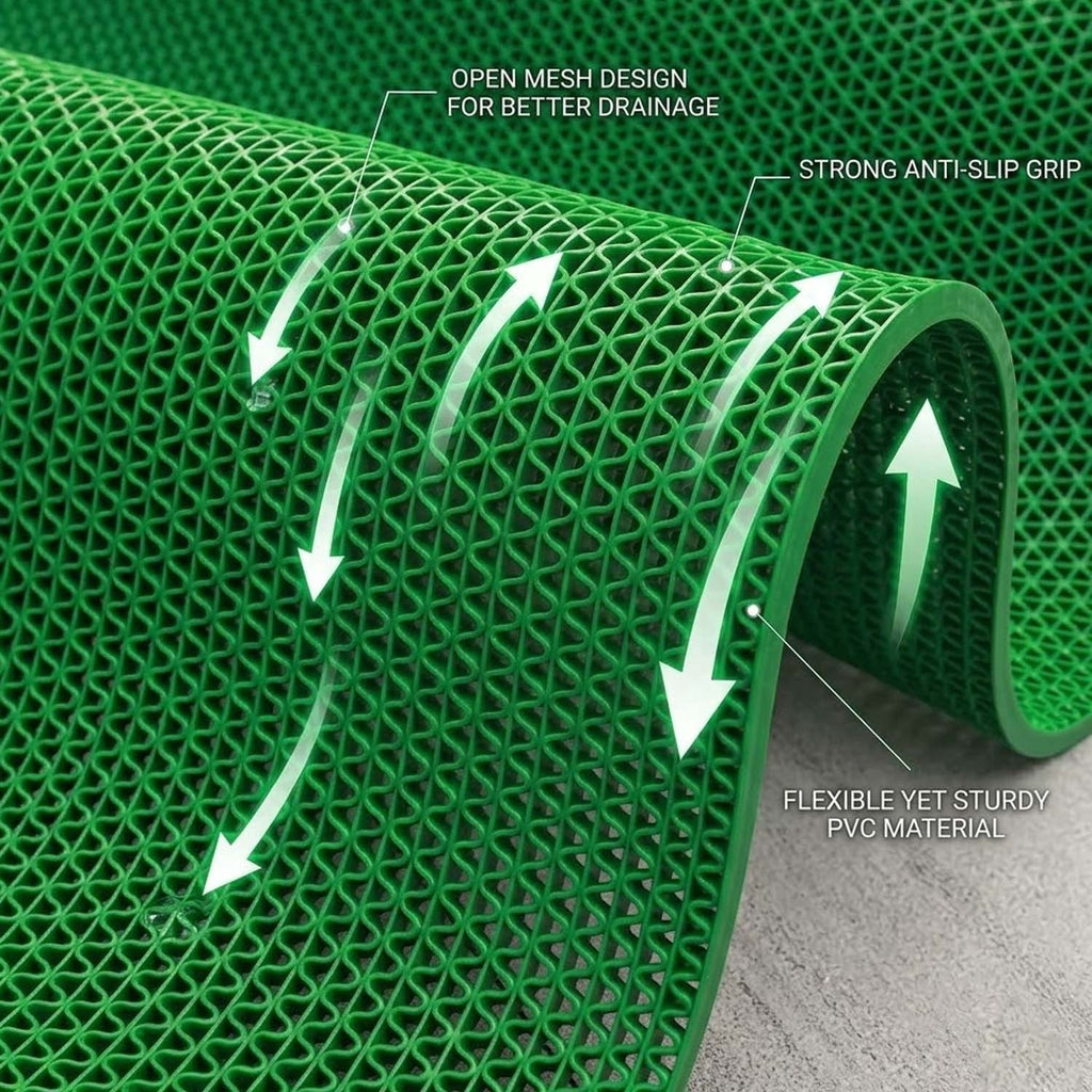 GoHooked green anti-skid rubber bathroom mat with triangular drainage mesh for wet areas and shower floors.