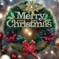 GoHooked green Christmas wreath with "Merry Christmas" text, red berries, gold accents, and a red bow.
