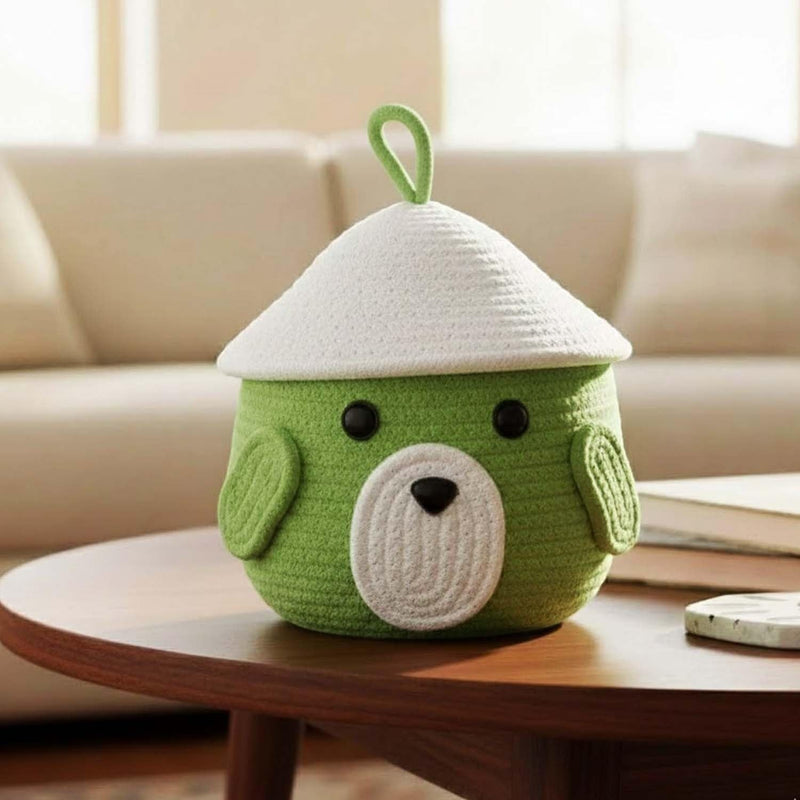 GoHooked green cotton rope basket with white lid, featuring a cute animal face design with ears. Ideal for nursery storage.
