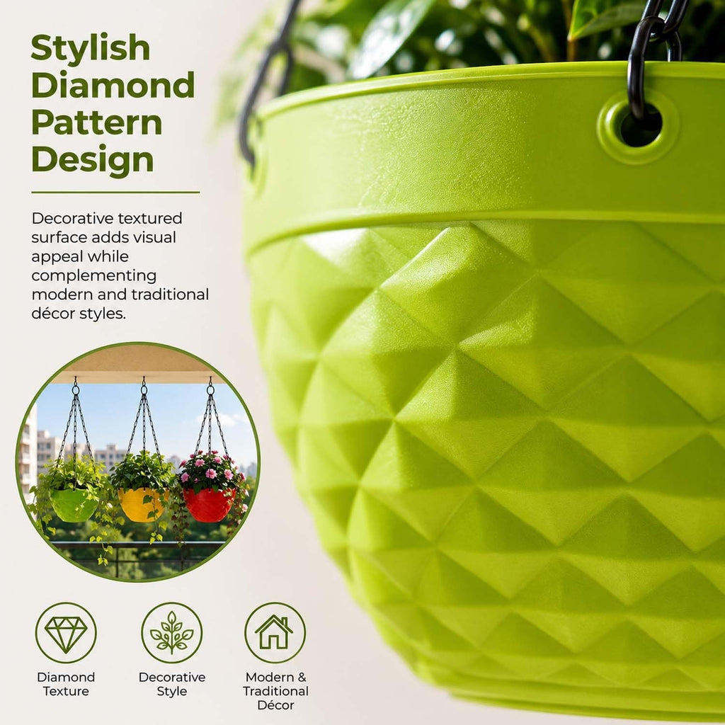GoHooked green plastic hanging planter with a textured diamond pattern and sturdy metal chain for balcony gardening.