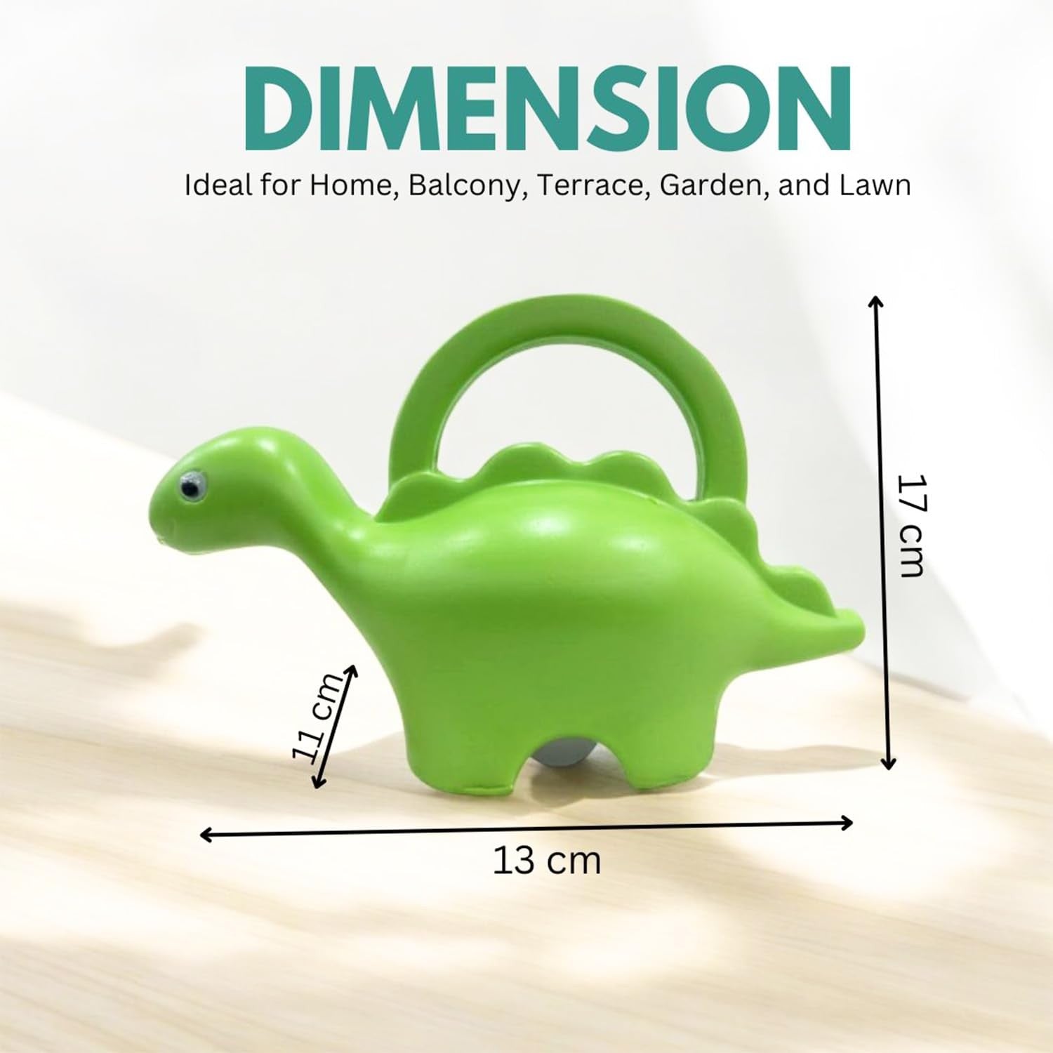GoHooked green plastic dinosaur watering can, 1 liter capacity, ideal for kids and house plants.