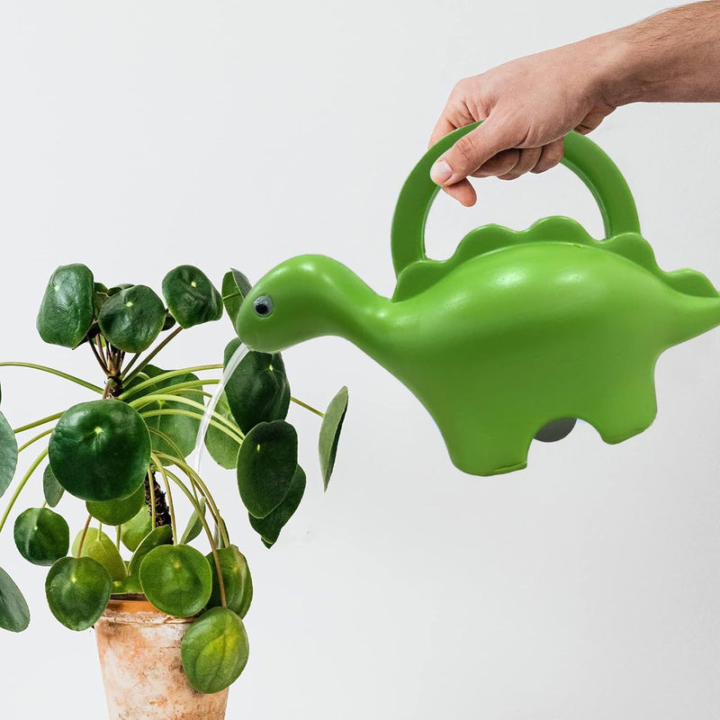 GoHooked green plastic dinosaur watering can for kids, 1 liter capacity, perfect for house plants.