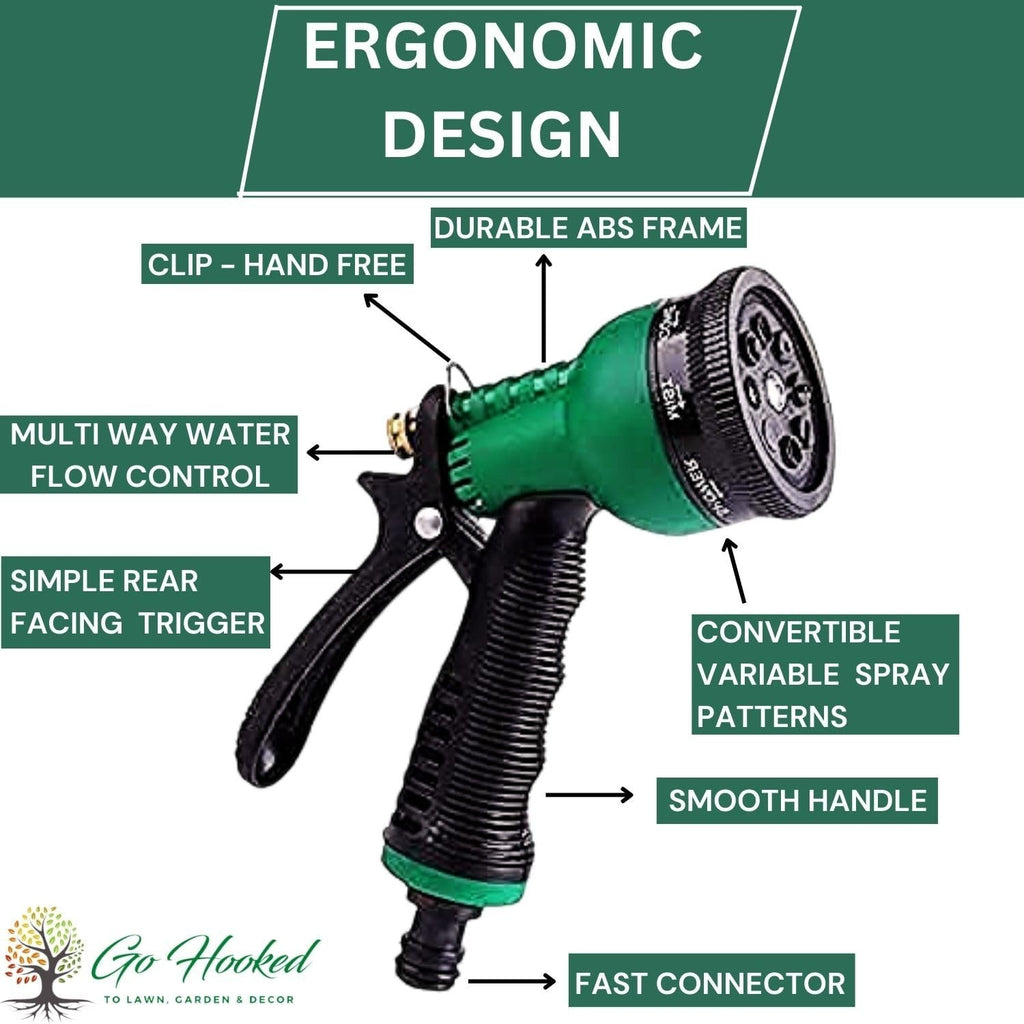 GoHooked green ergonomic garden hose sprayer with 7 spray patterns, locking clip, and smooth handle for car washing or garden watering.