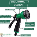 GoHooked green ergonomic garden hose sprayer with 7 spray patterns, locking clip, and smooth handle for car washing or garden watering.