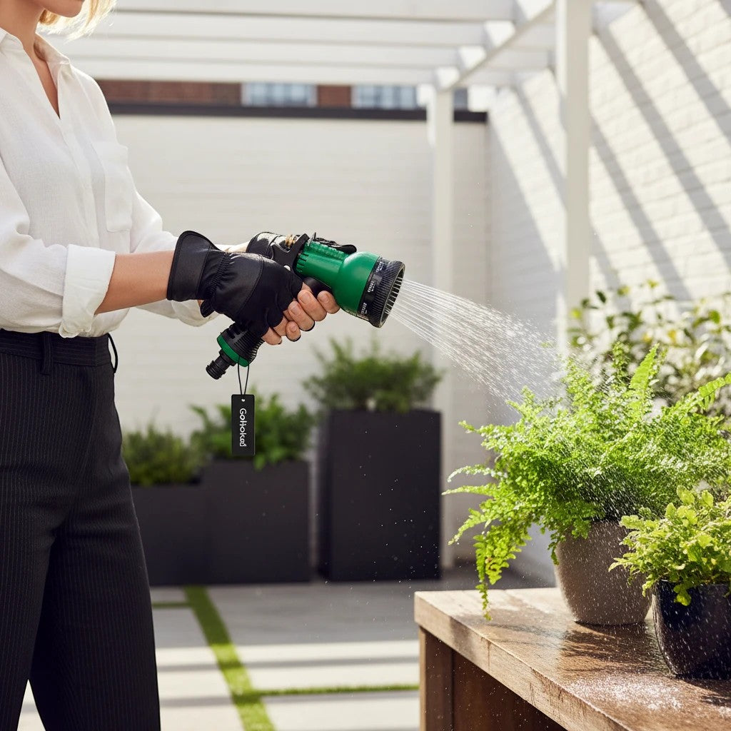 GoHooked green garden hose sprayer with 7 spray patterns, ergonomic design, and locking clip for watering plants.