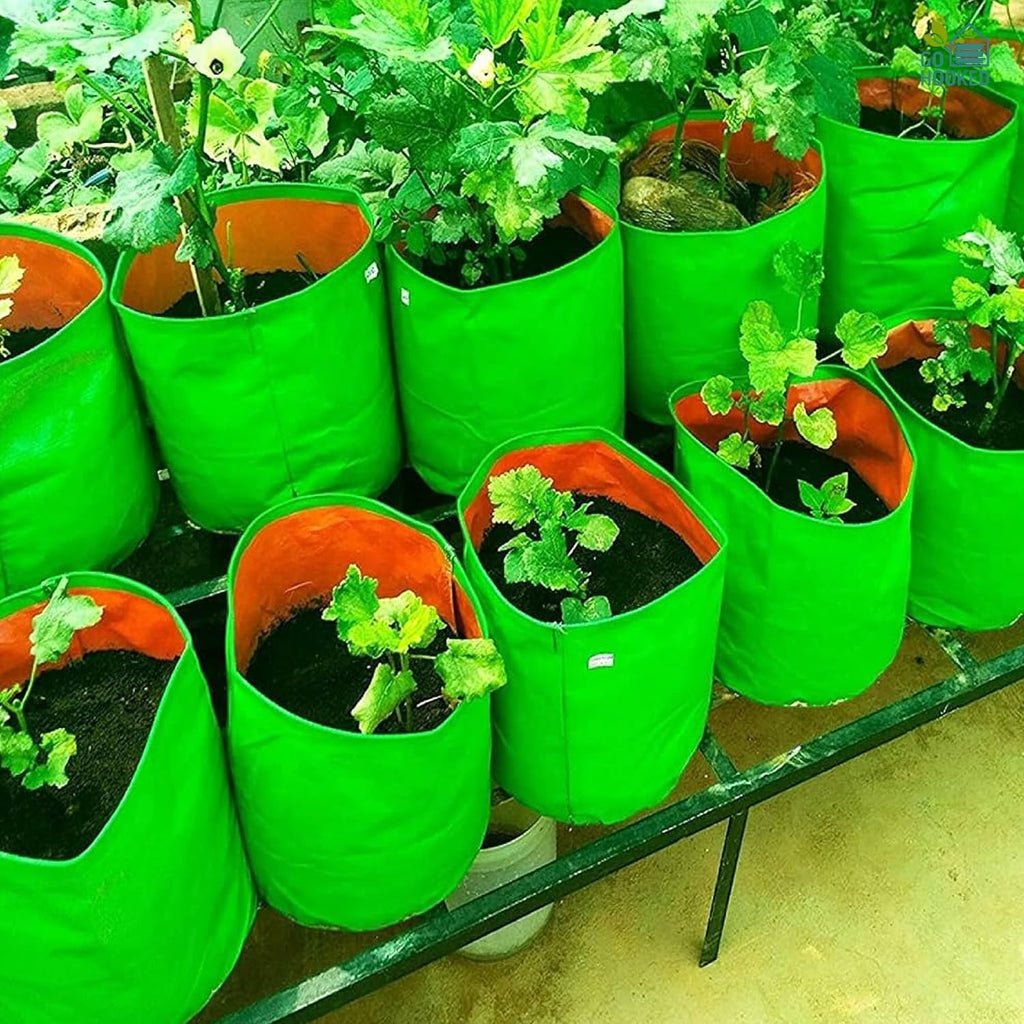 GoHooked set of 10 green 9-inch fabric grow bags with orange interior, ideal for vegetables and herbs.