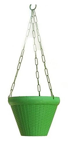 GoHooked green plastic hanging planter basket with woven texture and metal chain.