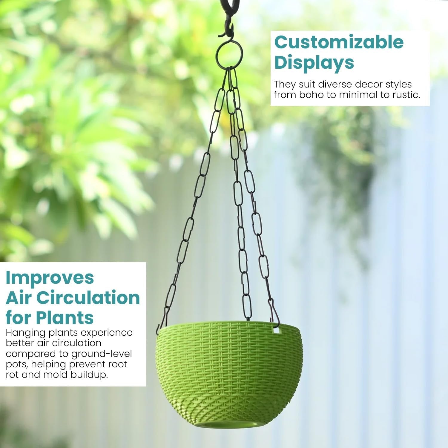 Go Hooked green woven plastic hanging planter with black chain, 7.1" diameter, 4.8" height.